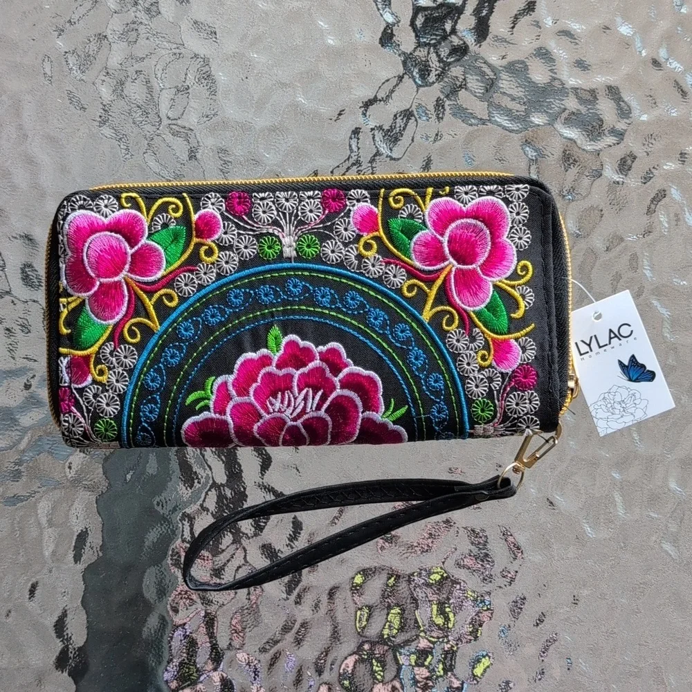 Lylac Colorful Zip Around Floral Embroidered Wallet Wristlet Black Pink